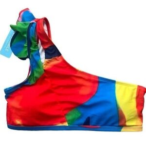 Athmile One Shoulder Ruffle Cutout Bikini Top Large NWT Abstract Watercolor